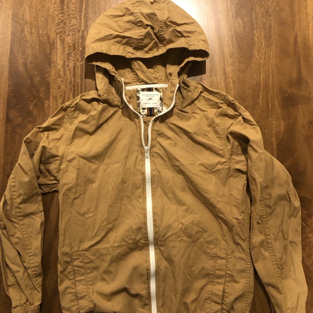 Tan boys zip up light weight jacket with hoodie